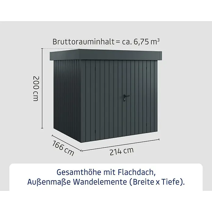 EcoStar Gerätehaus Euroline Trend EFD4 - Außenbreite inkl. Dachüberstand: 237 cm, Außentiefe inkl. Dachüberstand: 181 cm, Stahl, Anthrazitgrau, Doppeltür - Dunkelgrauer Metall-Gartenschuppen mit Flachdach, Maße 214x166x200 cm, Bruttovolumen ca. 6,75 m³.