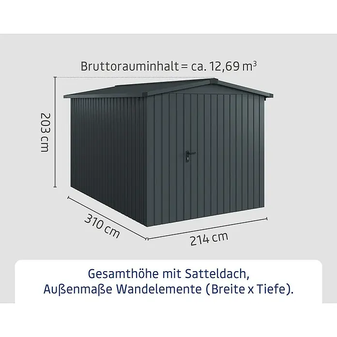 EcoStar Gerätehaus Euroline Trend ESD7 - Außenbreite inkl. Dachüberstand: 237 cm, Außentiefe inkl. Dachüberstand: 325 cm, Stahl, Anthrazitgrau, Einzeltür - Dunkelgraues Metallgerätehaus mit Satteldach, Maße 214x310x203 cm, ca. 12,69 m³ Bruttorauminhalt.