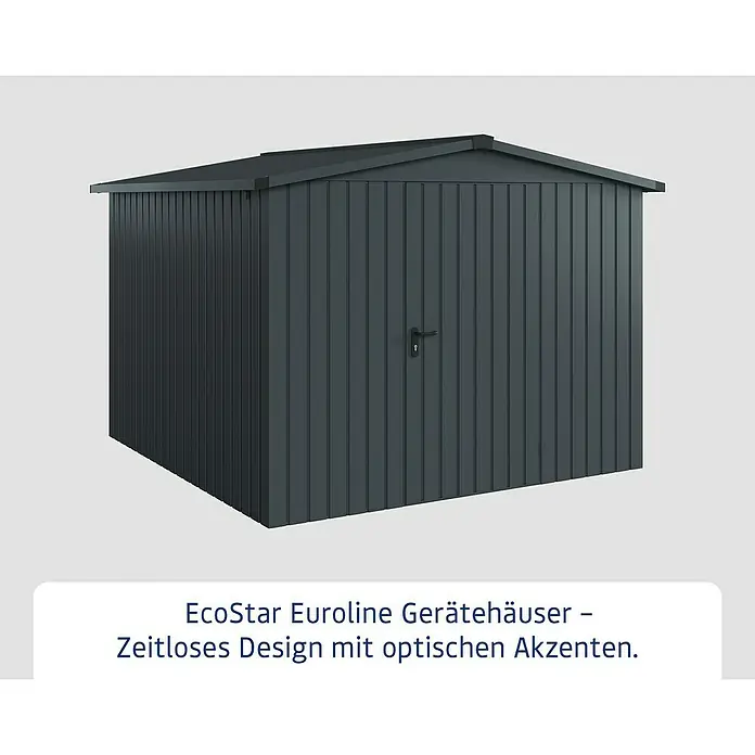 EcoStar Gerätehaus Euroline Trend ESD10 - Außenbreite inkl. Dachüberstand: 285 cm, Außentiefe inkl. Dachüberstand: 278 cm, Stahl, Anthrazitgrau, Einzeltür - EcoStar Euroline Gerätehaus aus dunkelgrauem Metall.