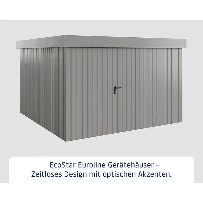 EcoStar Gerätehaus Euroline Trend EFD14 - Außenbreite inkl. Dachüberstand: 333 cm, Außentiefe inkl. Dachüberstand: 325 cm, Stahl, Graualuminium, Einzeltür - Graues Metall-Gartenhaus mit vertikaler Verkleidung und schwarzem Türgriff.