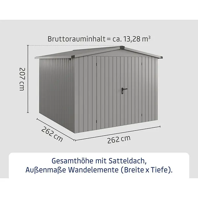 EcoStar Gerätehaus Euroline Trend ESD10 - Außenbreite inkl. Dachüberstand: 285 cm, Außentiefe inkl. Dachüberstand: 278 cm, Stahl, Graualuminium, Doppeltür - Grauer Geräteschuppen mit Satteldach. Maße: ca. 262x262x207 cm, Volumen ca. 13,28 m³.