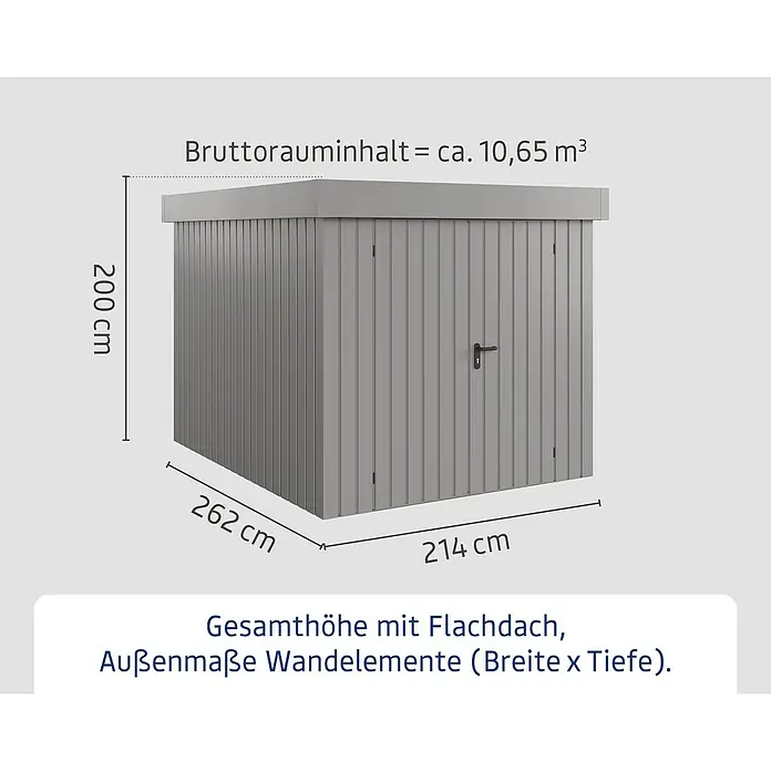 EcoStar Gerätehaus Euroline Trend EFD6 - Außenbreite inkl. Dachüberstand: 237 cm, Außentiefe inkl. Dachüberstand: 278 cm, Stahl, Graualuminium, Doppeltür - Graues Gartenhaus mit Flachdach, H 200cm, B 214cm, T 262cm, ca. 10,65 m³ Bruttorauminhalt.