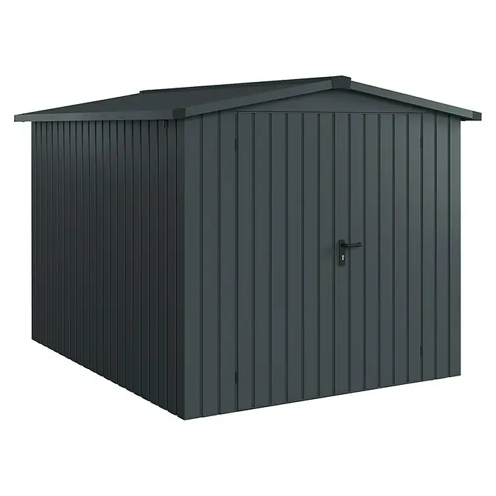EcoStar Gerätehaus Euroline Trend ESD6 - Außenbreite inkl. Dachüberstand: 237 cm, Außentiefe inkl. Dachüberstand: 278 cm, Stahl, Anthrazitgrau, Doppeltür - Dunkelgraues Metall-Gartenhaus mit Tür und Schrägdach.