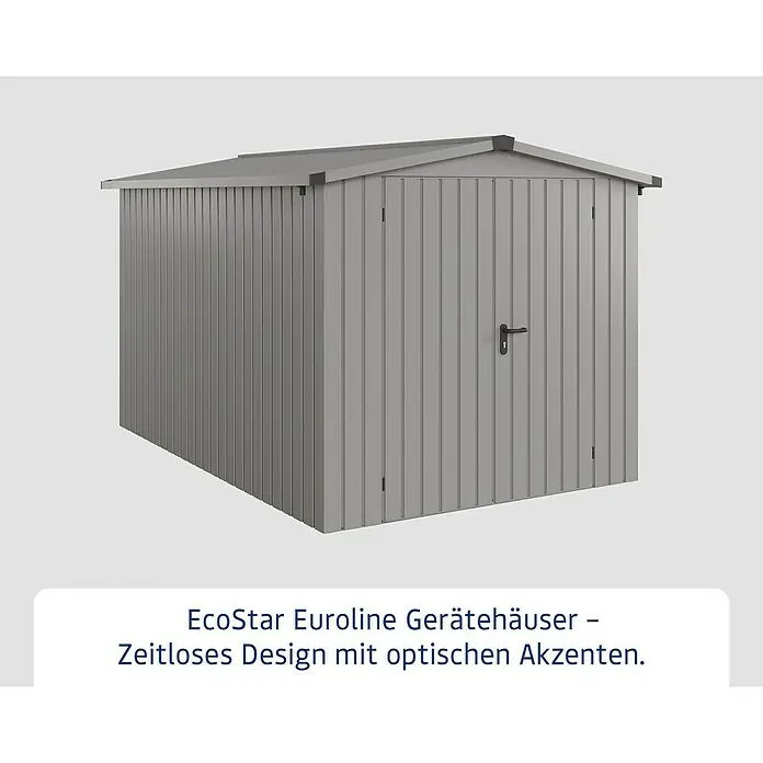 EcoStar Gerätehaus Euroline Trend ESD7 - Außenbreite inkl. Dachüberstand: 237 cm, Außentiefe inkl. Dachüberstand: 325 cm, Stahl, Graualuminium, Doppeltür - Graues Metall-Gartenhaus mit Pultdach und Einzeltür.