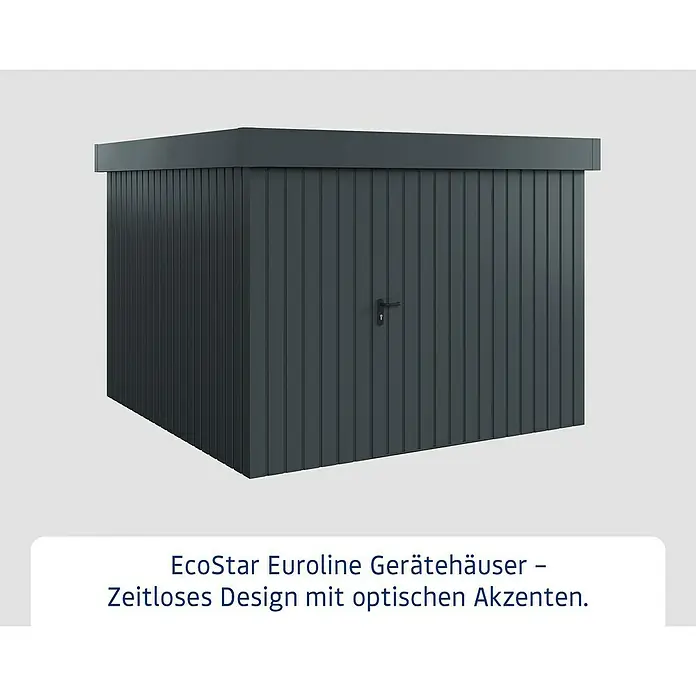 EcoStar Gerätehaus Euroline Trend EFD10 - Außenbreite inkl. Dachüberstand: 285 cm, Außentiefe inkl. Dachüberstand: 278 cm, Stahl, Anthrazitgrau, Einzeltür - Dunkelgraues EcoStar Euroline Gerätehaus mit vertikalen Paneelen und Flachdach.