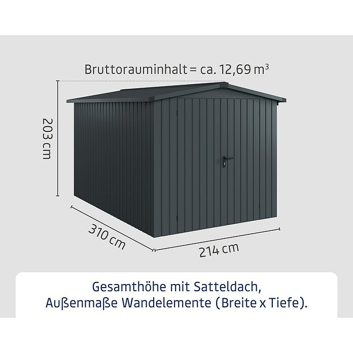 EcoStar Gerätehaus Euroline Trend ESD7 (Außenbreite inkl. Dachüberstand: 237 cm, Außentiefe inkl. Dachüberstand: 325 cm, Stahl, Anthrazitgrau, Doppeltür) | BAUHAUS