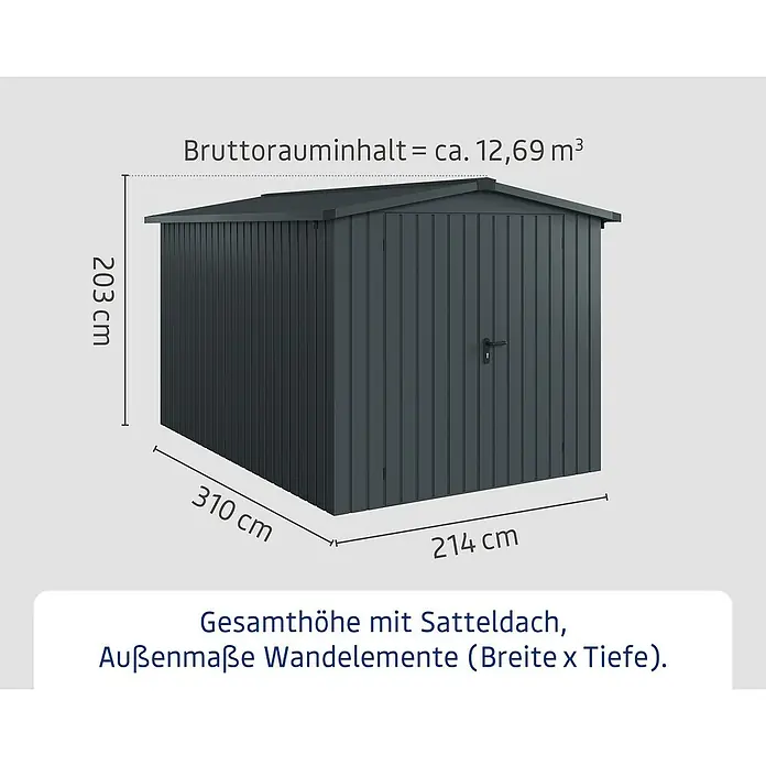 EcoStar Gerätehaus Euroline Trend ESD7 - Außenbreite inkl. Dachüberstand: 237 cm, Außentiefe inkl. Dachüberstand: 325 cm, Stahl, Anthrazitgrau, Doppeltür - Dunkelgraues Metallgerätehaus mit Satteldach. Außenmaße: 310x214x203 cm (BxTxH), Volumen ca. 12,69 m³.