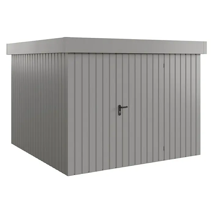EcoStar Gerätehaus Euroline Trend EFD10 - Außenbreite inkl. Dachüberstand: 285 cm, Außentiefe inkl. Dachüberstand: 278 cm, Stahl, Graualuminium, Einzeltür - Grauer Geräteschuppen mit vertikaler Verkleidung und schwarzem Türgriff.