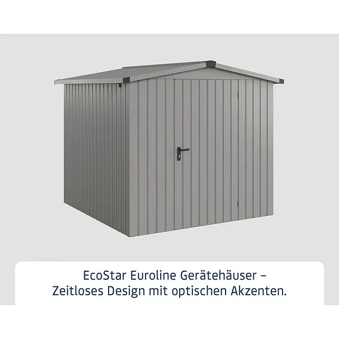 EcoStar Gerätehaus Euroline Trend ESD5 - Außenbreite inkl. Dachüberstand: 237 cm, Außentiefe inkl. Dachüberstand: 229 cm, Stahl, Graualuminium, Einzeltür - Das EcoStar Euroliner Gerätehaus: Zeitloses Design mit optischen Akzenten und praktischem Stauraum für den Garten.