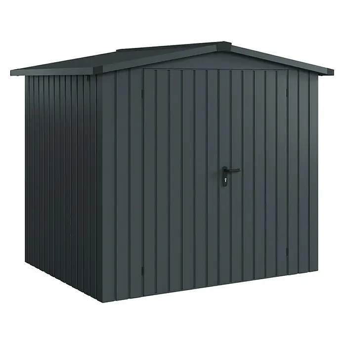 EcoStar Gerätehaus Euroline Trend ESD4 - Außenbreite inkl. Dachüberstand: 237 cm, Außentiefe inkl. Dachüberstand: 181 cm, Stahl, Anthrazitgrau, Doppeltür - Dunkelgraues Metallgerätehaus mit vertikaler Verkleidung und schwarzem Griff.