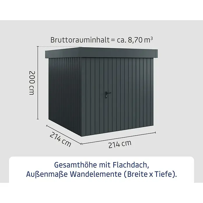 EcoStar Gerätehaus Euroline Trend EFD5 - Außenbreite inkl. Dachüberstand: 237 cm, Außentiefe inkl. Dachüberstand: 229 cm, Stahl, Anthrazitgrau, Einzeltür - Dunkelgraues Gartenhaus mit Flachdach, Maßen 200x214x214 cm und ca. 8,70 m³ Bruttorauminhalt.