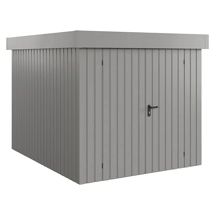 EcoStar Gerätehaus Euroline Trend EFD6 - Außenbreite inkl. Dachüberstand: 237 cm, Außentiefe inkl. Dachüberstand: 278 cm, Stahl, Graualuminium, Doppeltür - Grauer Geräteschuppen mit vertikalen Paneelen und schwarzem Türgriff.