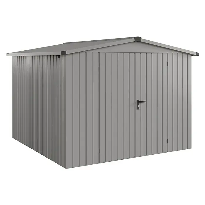 EcoStar Gerätehaus Euroline Trend ESD10 - Außenbreite inkl. Dachüberstand: 285 cm, Außentiefe inkl. Dachüberstand: 278 cm, Stahl, Graualuminium, Doppeltür - Grauer Metall-Gartenschuppen mit Doppeltüren und Satteldach.