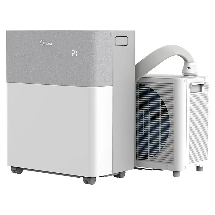Midea Klimasplitgerät PortaSplit Cool 8.000 Btu - Kühlleistung: 2.300 W, Raumgröße: 28 m² - Midea mobiles Klimagerät: grauer Stoff oben, weiße Basis, Digitalanzeige, verbundene Außeneinheit mit Ventilator über Schlauch.