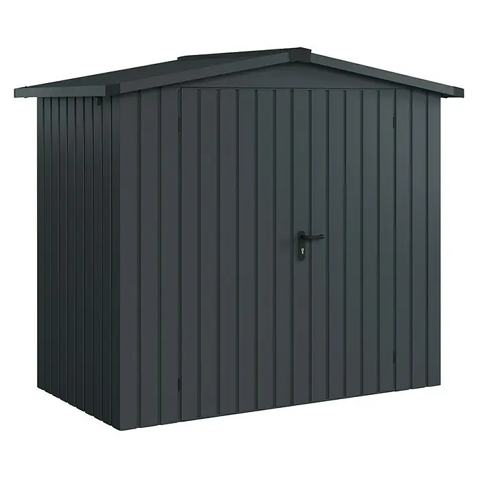 EcoStar Gerätehaus Euroline Trend ESD3 - Außenbreite inkl. Dachüberstand: 237 cm, Außentiefe inkl. Dachüberstand: 134 cm, Stahl, Anthrazitgrau, Doppeltür - Dunkelgraues Gartenhaus mit Schrägdach und Einzeltür für den Außenbereich.