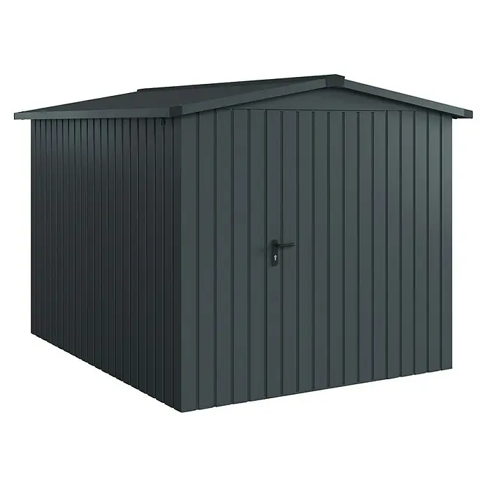 EcoStar Gerätehaus Euroline Trend ESD6 - Außenbreite inkl. Dachüberstand: 237 cm, Außentiefe inkl. Dachüberstand: 278 cm, Stahl, Anthrazitgrau, Einzeltür - Dunkelgrauer Metall-Gartenschuppen mit Tür und schrägem Dach.