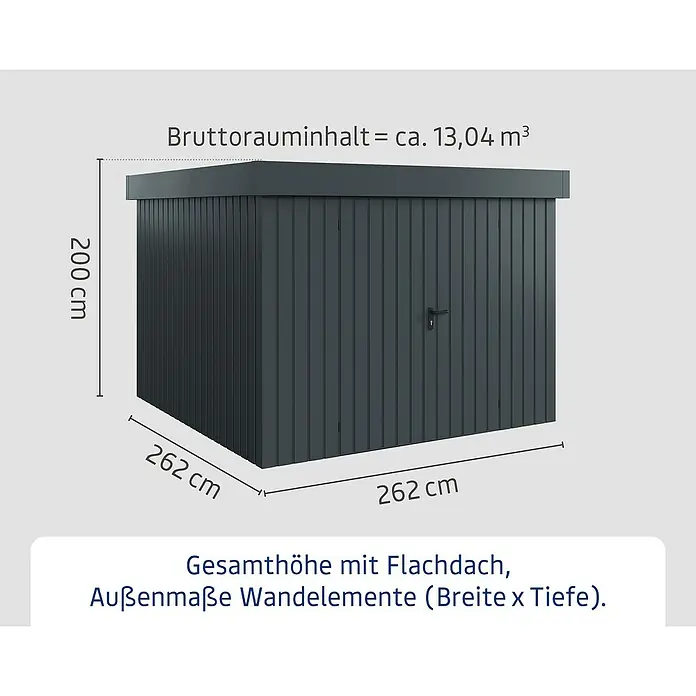 EcoStar Gerätehaus Euroline Trend EFD10 - Außenbreite inkl. Dachüberstand: 285 cm, Außentiefe inkl. Dachüberstand: 278 cm, Stahl, Anthrazitgrau, Doppeltür - Dunkelgraues Gartenhaus mit Flachdach, Maße 200x262x262 cm.