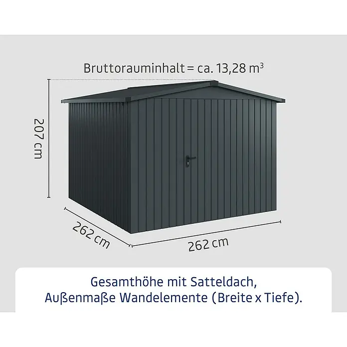 EcoStar Gerätehaus Euroline Trend ESD10 - Außenbreite inkl. Dachüberstand: 285 cm, Außentiefe inkl. Dachüberstand: 278 cm, Stahl, Anthrazitgrau, Einzeltür - Dunkelgrauer Geräteschuppen mit Satteldach, 207x262x262 cm, ca. 13,28 m³ Bruttorauminhalt.