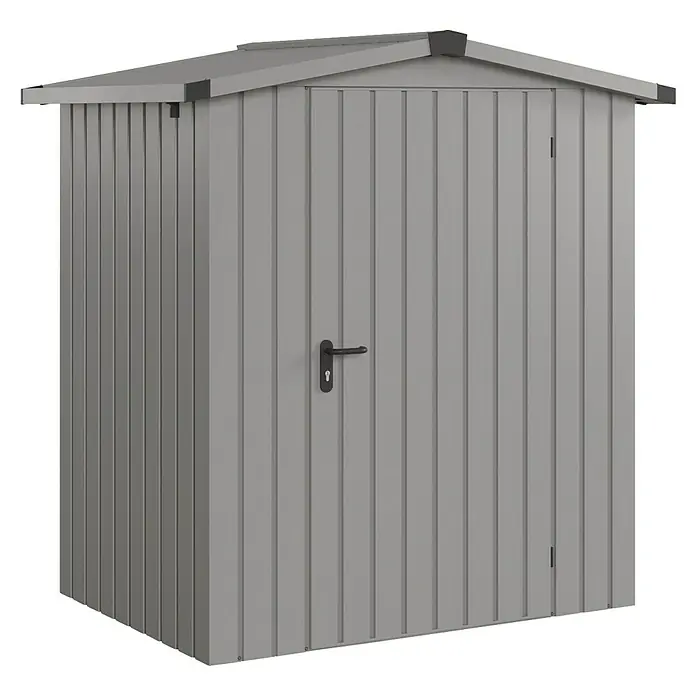 EcoStar Gerätehaus Eurline Trend ESD1 - Außenbreite inkl. Dachüberstand: 189 cm, Außentiefe inkl. Dachüberstand: 134 cm, Stahl, Graualuminium - Graues Gartenhaus aus Wellblech mit schwarzem Türgriff und schrägem Dach.
