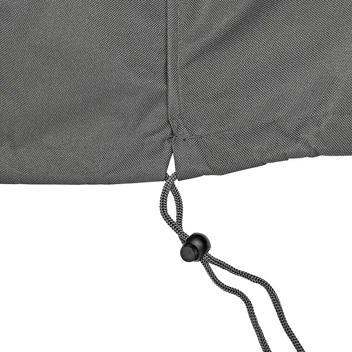 Grillstar Grill-Schutzhülle Atlanta 450Polyester, Passend für: Grillstar Gasgrill Atlanta 450 - Nahaufnahme einer grauen Gartenmöbelabdeckung mit Kordelzug. Die Abdeckung ist aus strapazierfähigem, wetterfestem Material gefertigt.