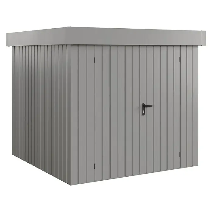 EcoStar Gerätehaus Euroline Trend EFD5 - Außenbreite inkl. Dachüberstand: 237 cm, Außentiefe inkl. Dachüberstand: 229 cm, Stahl, Graualuminium, Doppeltür - Grauer Metall-Geräteschuppen mit gerippten Paneelen und schwarzem Türgriff für den Außenbereich.