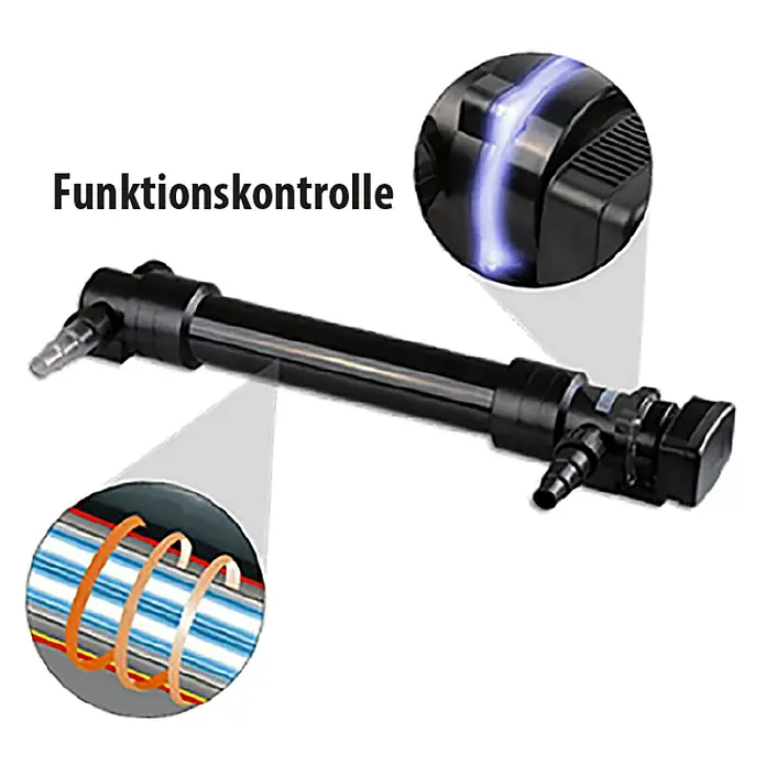 Heissner Teichklärer UVC - 36 W - Schwarzer zylindrischer UV-Sterilisator mit blauer Funktionsleuchte und Details zur UV-Lampe.
