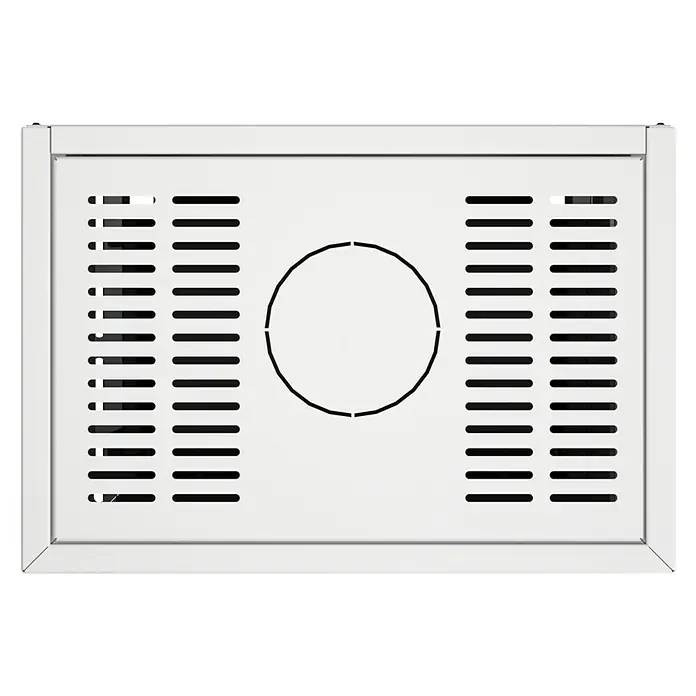Kaminofen Integra Plus Line Links - 8 kW, Raumheizvermögen: 229 m³, Material Verkleidung: Stahl, Weiß - Weißes, rechteckiges Lüftungsgitter mit horizontalen Schlitzen und zentraler runder Öffnung, zur Luftzirkulation.