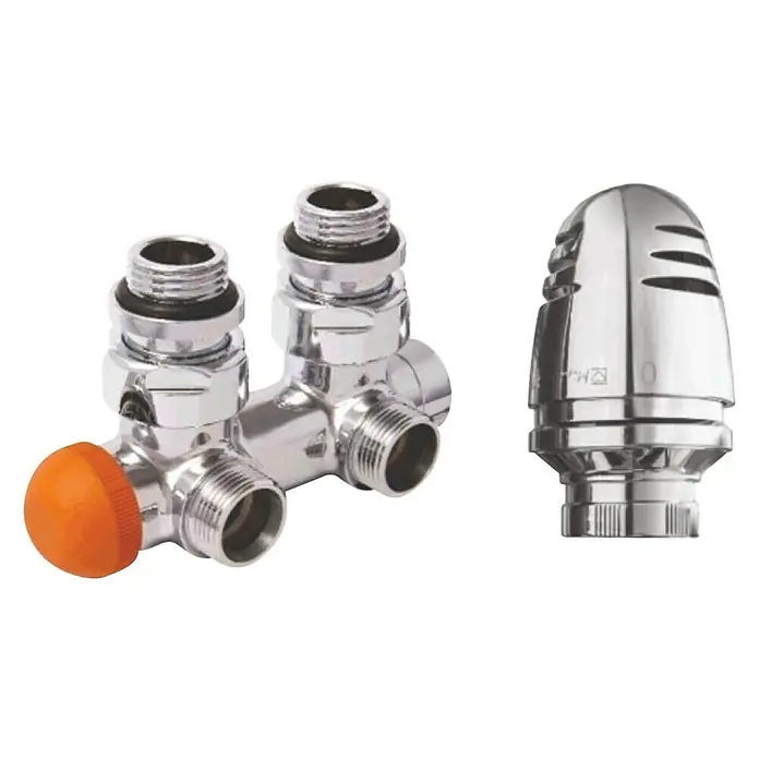 Ximax Mittenanschlussgarnitur Deluxe - ½″, Eck, Chrom - Heizkörperarmatur-Set mit orangefarbenem Knopf. Das Set beinhaltet einen Thermostatkopf für die Temperaturregelung.