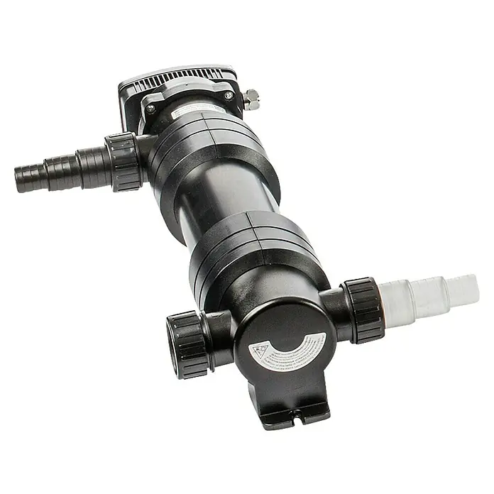 Heissner Teichklärer UVC - 36 W - Schwarzes zylindrisches Wasserklärgerät mit Schlauchanschlüssen.
