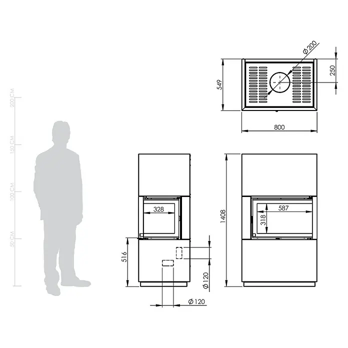 Kaminofen Integra Plus Line Rechts - 8 kW, Raumheizvermögen: 229 m³, Material Verkleidung: Stahl, Weiß - Technische Zeichnung eines modernen rechteckigen Ofens mit Maßen, neben einer menschlichen Silhouette zur Größenreferenz.