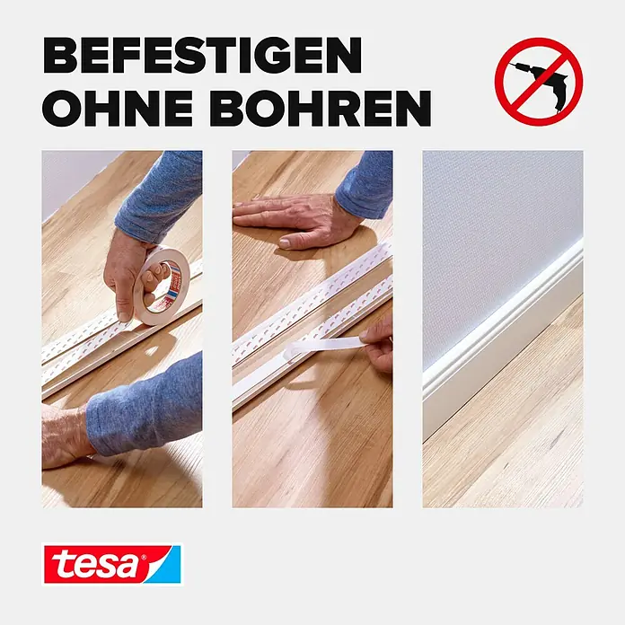 Tesa Powerbond Montageband für Tapete und Putz - L x B: 5 m x 19 mm - Tesa Klebeband befestigt eine weiße Fußleiste ohne Bohren. Zeigt Anwendung und Endergebnis.