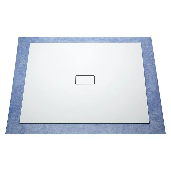 Camargue Duschelement Flat - 90 x 90 cm, Mineralwerkstoff, Ablauf: Waagerecht, Weiß - Abbildung einer modernen, quadratischen Duschwanne mit flachem Design und zentralem Abfluss auf einer blauen Unterlage.