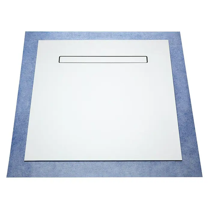Camargue Duschelement Flat E - 90 x 90 cm, Mineralwerkstoff, Ablauf: Waagerecht, Weiß - Quadratische, ebenerdige Duschwanne in Weiß mit integriertem Ablauf, umgeben von blauem Untergrund. Modernes Baddesign für stilvolle Duscherlebnisse.