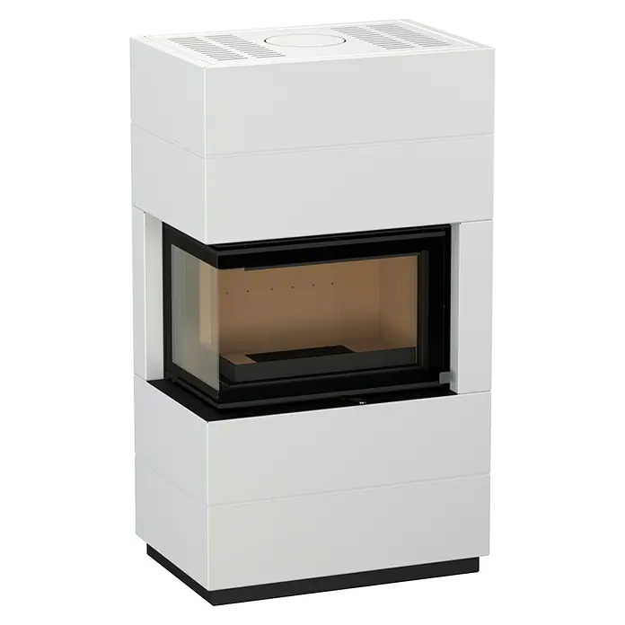 Kaminofen Integra Plus Line Links - 8 kW, Raumheizvermögen: 229 m³, Material Verkleidung: Stahl, Weiß - Weißer moderner Eckkamin mit großer Glasfront, schwarzem Rahmen und hellbraunem Innenraum.