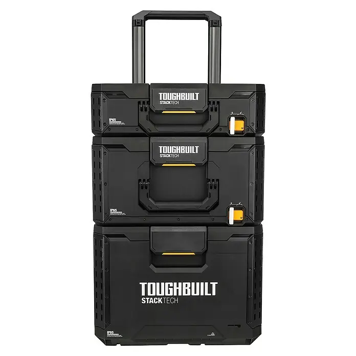 ToughBuilt StackTech Werkzeugkoffer-Set 3-tlg. - L x B x H: 50 x 56 x 83 cm, 3 -tlg., Räder - Schwarze, stapelbare Toughbuilt Stacktech Werkzeugkisten mit ausziehbarem Griff.