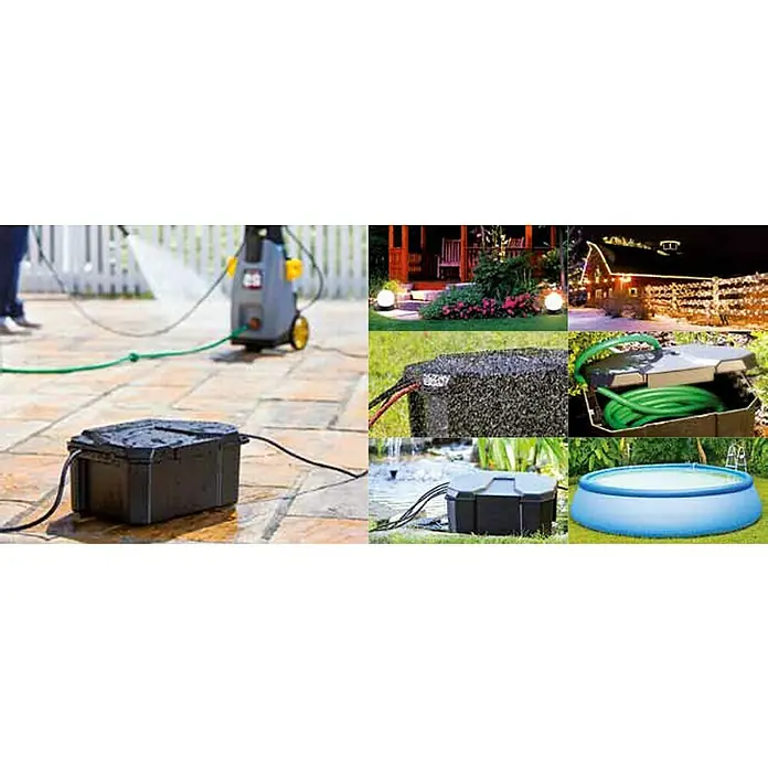 Heissner Garten-Aufbewahrungsbox - L x B x H: 40 x 30 x 21 cm, Kunststoff - Robuste schwarze Outdoor-Verteilerbox, schützt elektrische Anschlüsse für Garten- und Terrassengeräte.