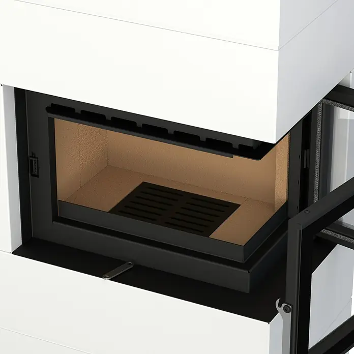 Kaminofen Integra Plus Line Rechts - 8 kW, Raumheizvermögen: 229 m³, Material Verkleidung: Stahl, Weiß - Weißer Kamin mit offenem schwarzen Einsatz, hellbraunem Interieur und schwarzem Rost. Mit Metallhebel.