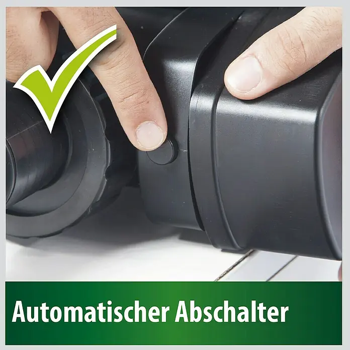 Heissner Teichklärer UVC - 36 W - Hand drückt schwarzen automatischen Abschaltknopf an schwarzem Gerät, markiert mit grünem Haken.