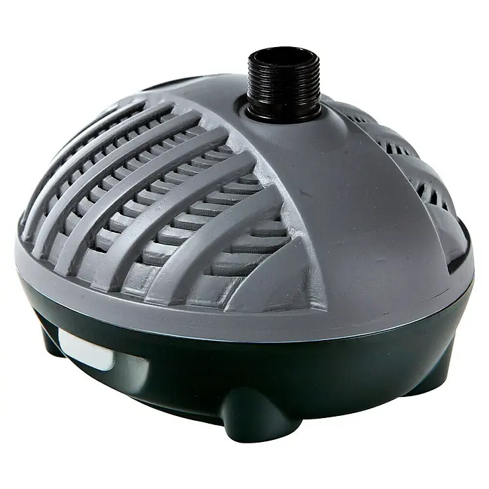Heissner Teichpumpen-Set Aqua Jet Eco - 9 -tlg., Fördermenge pro Std.: 2.500 l - Graue und schwarze Tauchpumpe mit geriffeltem Oberteil und schwarzem Gewindestutzen zur Wasserzirkulation.