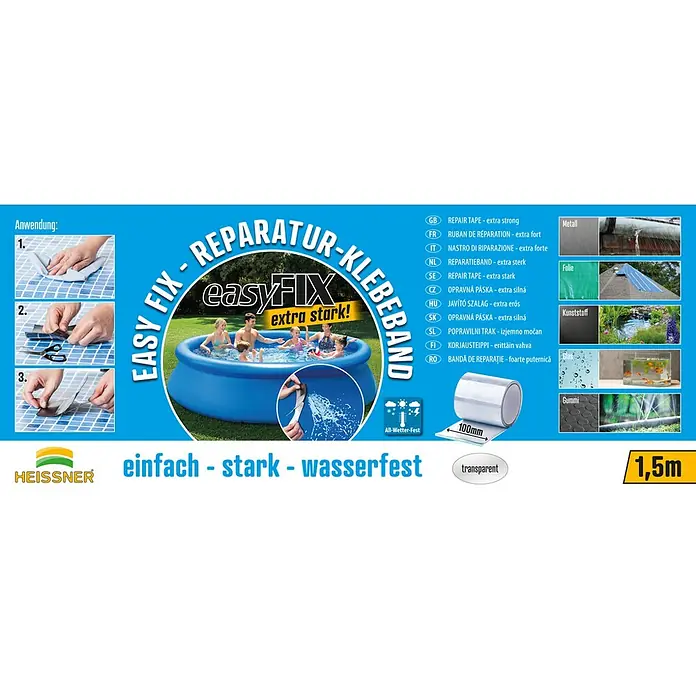 Reparaturband EasyFix - Transparent, 150 x 10 cm - Transparentes, extra starkes Allwetter-Reparaturklebeband (100mm x 1,5m) für diverse Materialien, beim Flicken eines Pools gezeigt.