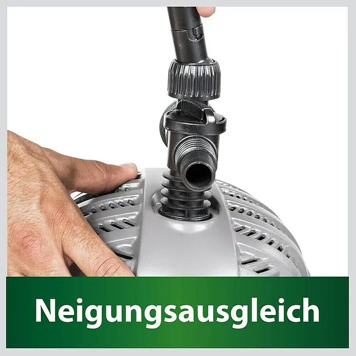 Heissner Teichpumpen-Set Aqua Jet Eco - 9 -tlg., Fördermenge pro Std.: 2.500 l - Hand justiert schwarzen, neigbaren Anschluss an grauem Pumpengehäuse, zeigt Neigungsausgleich.