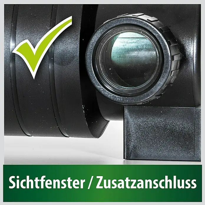 Heissner Teichklärer UVC - 36 W - Schwarzes Gerät mit Sichtfenster und Zusatzanschluss, markiert mit grünem Haken.