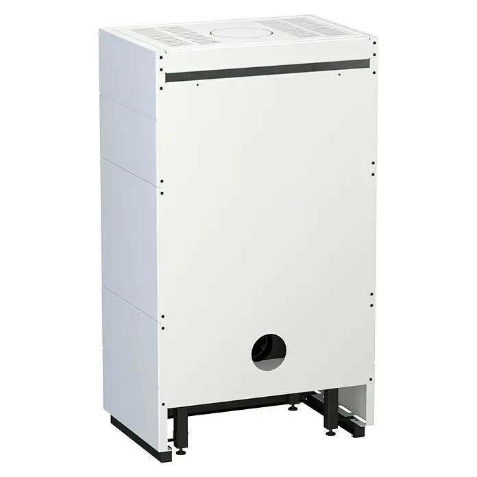 Kaminofen Integra Plus Line Links - 8 kW, Raumheizvermögen: 229 m³, Material Verkleidung: Stahl, Weiß - Weißes, rechteckiges Heizgerät mit schwarzem Streifen, runder Öffnung und schwarzen Standfüßen.