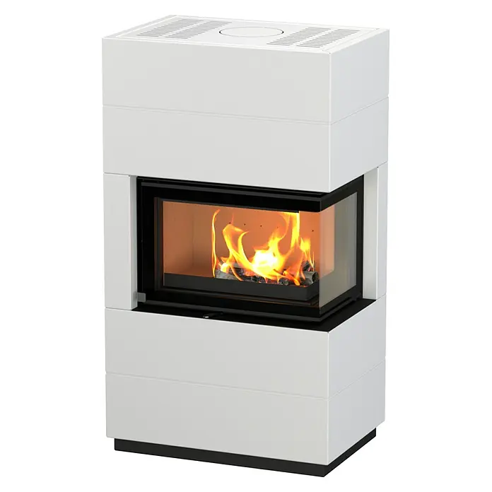 Kaminofen Integra Plus Line Rechts - 8 kW, Raumheizvermögen: 229 m³, Material Verkleidung: Stahl, Weiß - Moderner weißer Kaminofen mit Eckglasscheibe und brennendem Feuer.