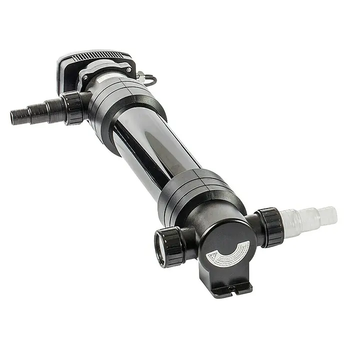 Heissner Teichklärer UVC - 55 W - Schwarzer UV-Wasserklärer aus Kunststoff mit transparentem Rohr und Schlauchanschlüssen.