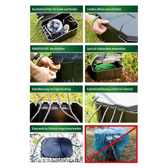 Heissner Garten-Aufbewahrungsbox - L x B x H: 40 x 30 x 21 cm, Kunststoff - Robuste schwarze Outdoor-Kabelverteilerbox für sichere, wettergeschützte Stromanschlüsse, mit Zugentlastung, Verriegelung und Erdverlegung.