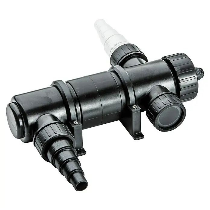 Heissner Teichklärer UVC - 11 W - Schwarzer Kunststoff-UV-Klärer/-Sterilisator mit Schlauchanschlüssen zur Wasserreinigung.
