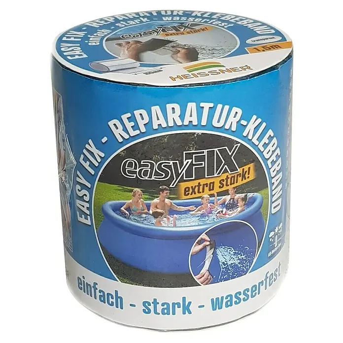 Reparaturband EasyFix - Transparent, 150 x 10 cm - Blauer Reparaturklebeband-Rolle von EasyFIX, 1,5m transparentes Band für einfache, starke, wasserfeste Reparaturen, gezeigt an einem Pool.