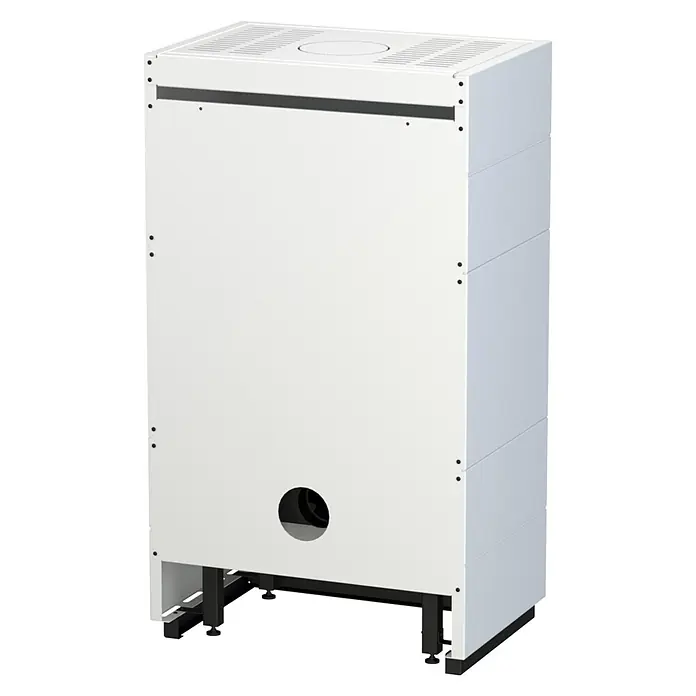 Kaminofen Integra Plus Line Rechts - 8 kW, Raumheizvermögen: 229 m³, Material Verkleidung: Stahl, Weiß - Weißes rechteckiges Gerät mit schwarzem Streifen, oberen Lüftungsschlitzen und unterer runder Öffnung, auf verstellbaren Füßen.