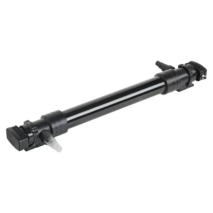 Heissner Teichklärer UVC - 72 W - Schwarzer zylindrischer UV-Wassersterilisator mit Schlauchanschlüssen.